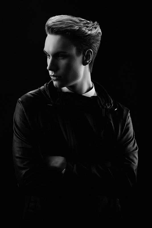 Black and white fashion photo of a man
