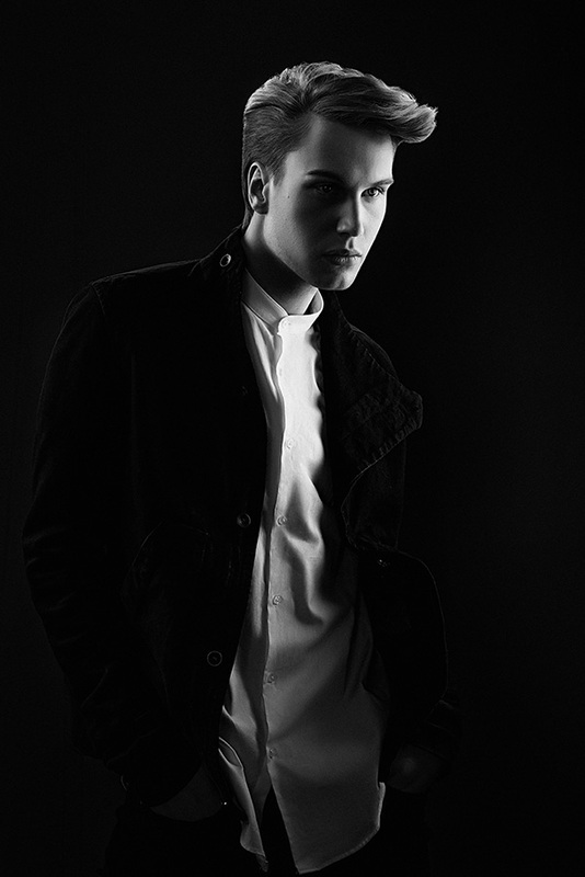 Black and white fashion photo of a man