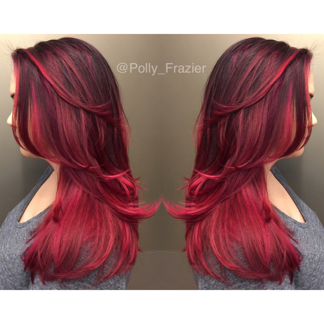 Foil 40 volume bleach painted ends 40 volume bleach base 4Vr added RoMaxx to all formula's shampooed; added RoMaxx to Pravana's vivid Wild Orchard rinsed finished with RoZen blown into the hair