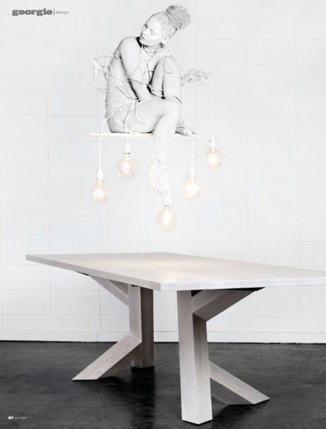IZM furniture feature in Georgie magazine. Lamps are made out of hair and the model was the light fixture. 