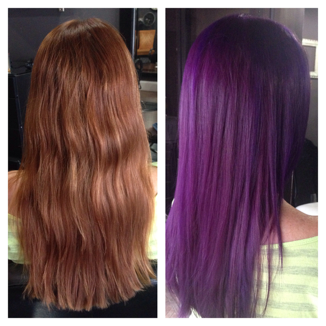 Transformation from golden ginger to vibrant violet // cut & color Kendi @ Sessions Hair Company - Daytona, FL // Custom violet formula made with Pravana Vivids