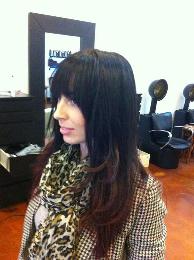 slight red ombre and heavy bangs