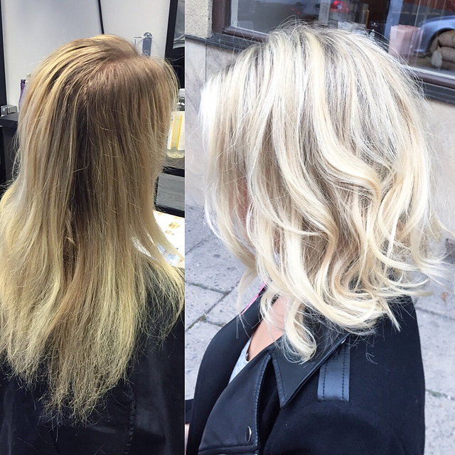 Before and after with Olaplex, and long hair to a lob.