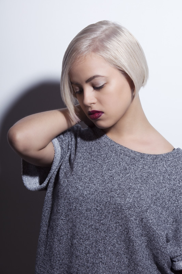 Aster, short blonde bob