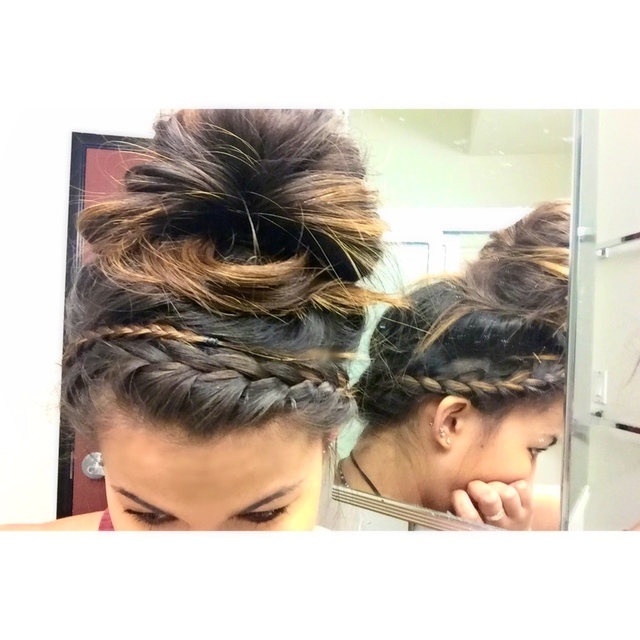 Double halo-braid with messy bun. Quick and easy college look using Amika (dry shampoo) and Kevin.Murphy (Doo.Over)