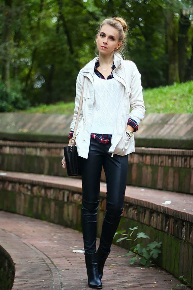 black-and-white-outfit-leather-pants-plaid-shirt-6