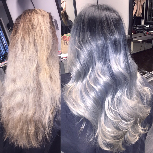 From blonde hair to black/blue/silver hair with Olaplex. Schwarzkopf color and styling with L'anza Healing Oil