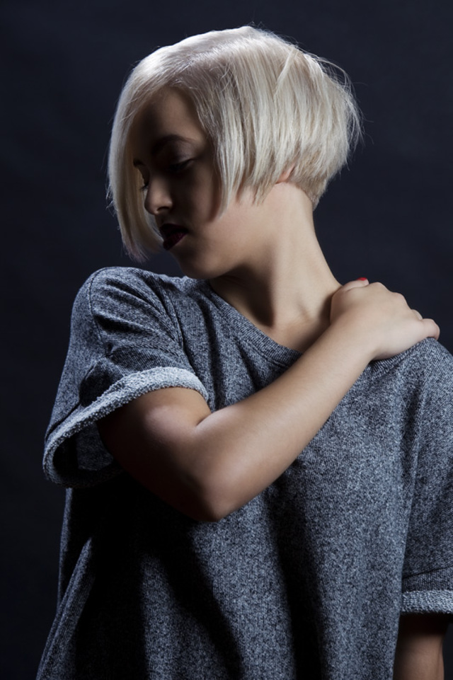 Aster, short blonde bob