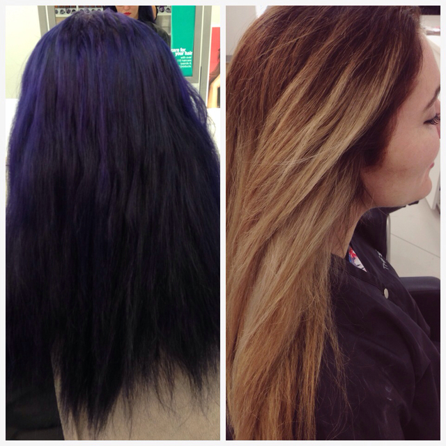 Color correction by Hair by Melissa @ Ulta Rossmoor. Purple/black to blonde/brown high ombré. Next appointment will add more dimension to the blonde 