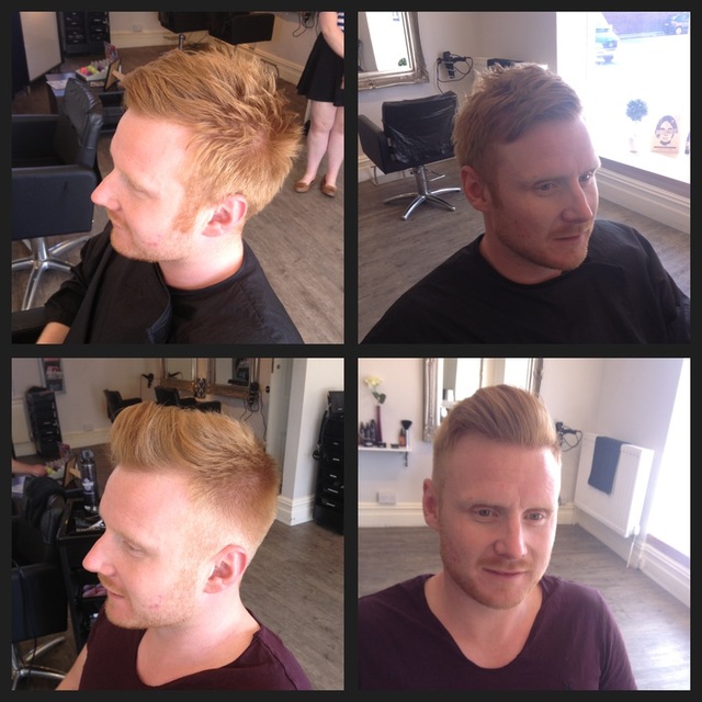 Jordon had the side's and back of his hair cut very short, which forms a strong contrast against the front which was left about 2.5 to 3 inches long, with a slight graduation blending from the top to the bottom of his head. The elements of this haircut ad