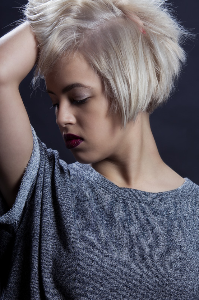 Aster, short blonde bob