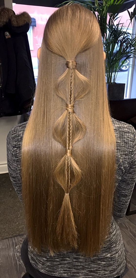 Beautiful virgin hair. 
Fishtail braid into a bubble ponytail.