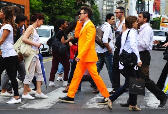 Brad-goreski-orange-Jil-Sander-suit-prada-wingtip-espadrilles-11