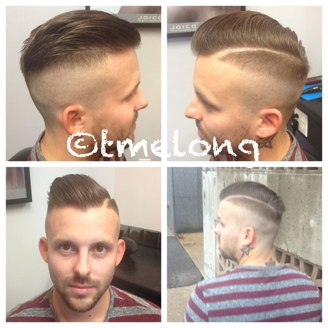 Christopher - faded up with a hard part and texturized pomp. 