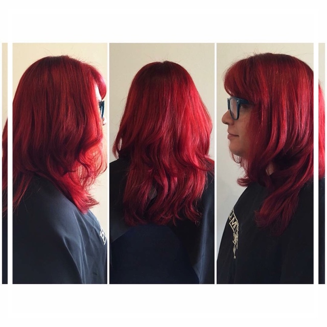 Deep cherry red head I created a few months back! She loved it! I used Paul Mitchell's The Color XG 7r with red intensifier. 