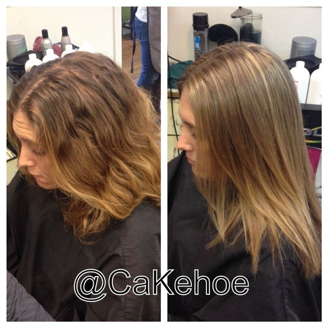 before and after virgin hair to natural looking highlights