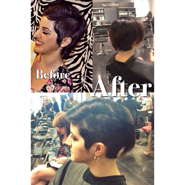 before- pixie with grown out cropped side. after- disconnected undercut around the whole head! trimmed the longer disconnected area. flatters her so well!