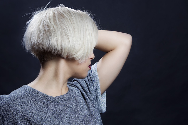 Aster, short blonde bob