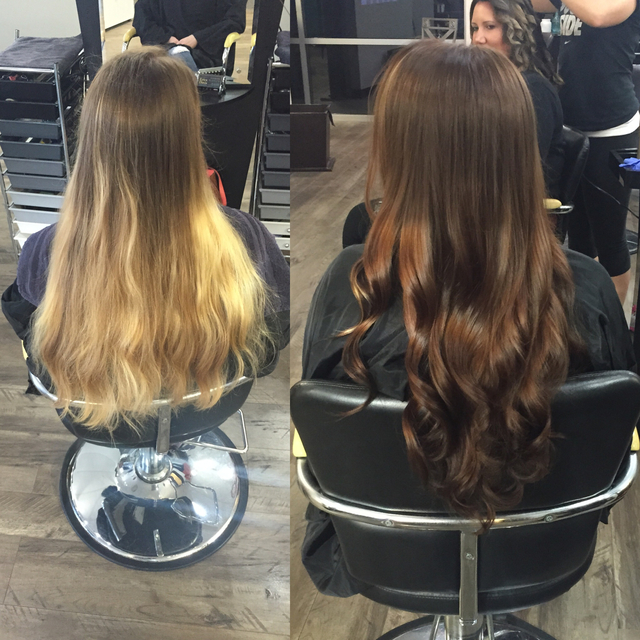 Before & after | color.me by KM | this was so fun! My assistant and I couldn't believe how shiny and beautiful her hair looks after this process. 