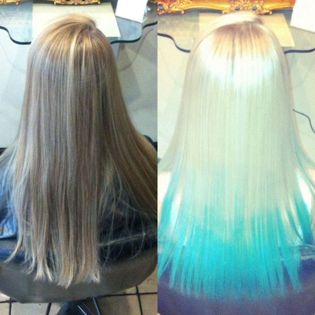 dip dye blonde to blue long straight