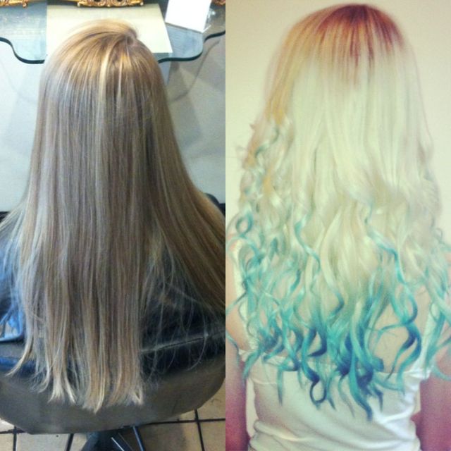 dip dye curly blonde to blue 