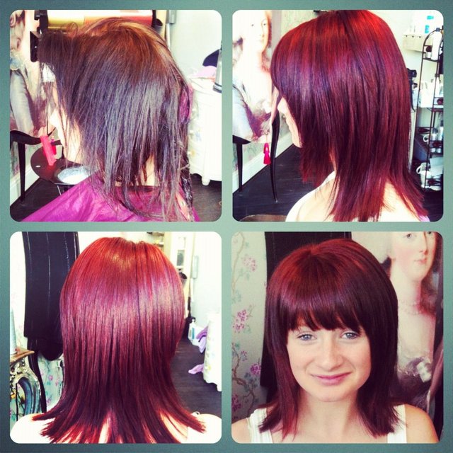 Before and after, dark brown to red.