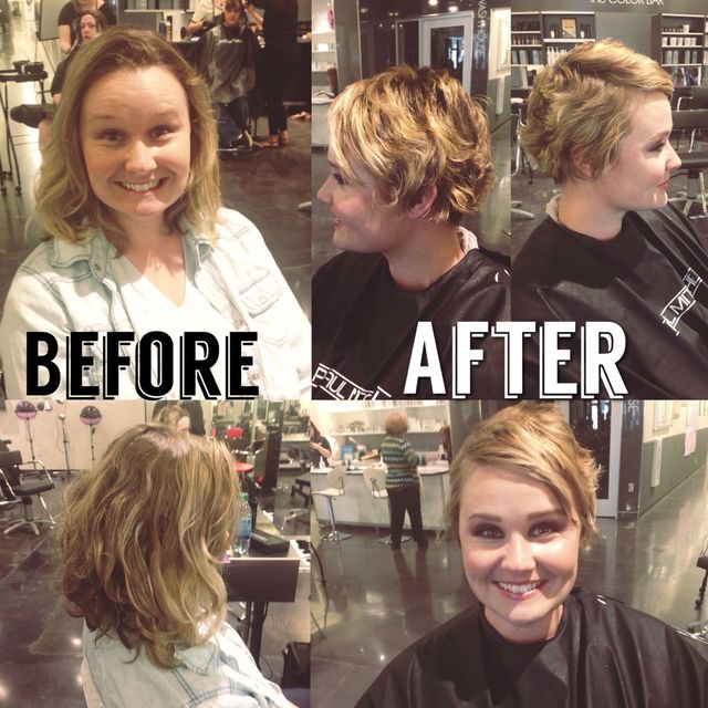 gave this beauty a pixie cut and lightened it up with some sun kissed blonde!