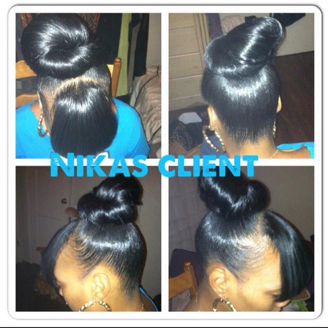 high bun with bangs