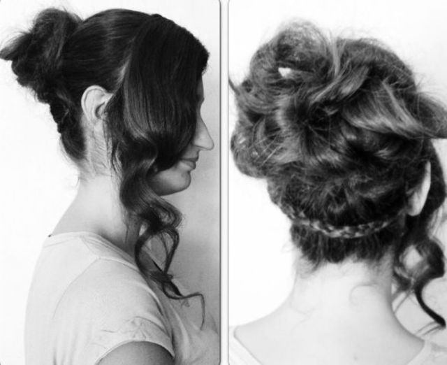 up-do.  after tongs. huge messy bun, plait around the whole hair behind bun to keep it in place and give it more of a creative look. 